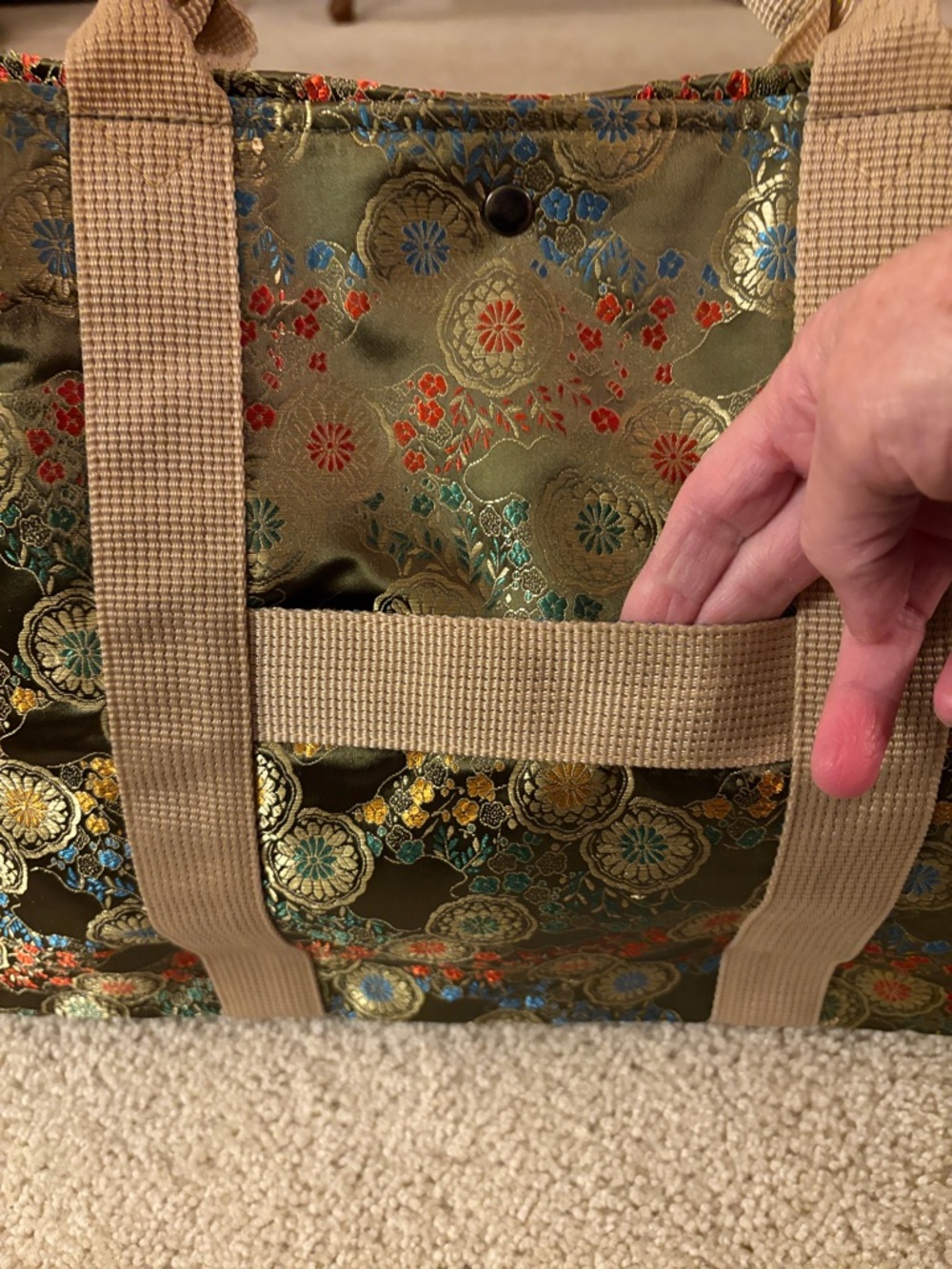 Oriental Olive Green Vibrant Floral Jacquard Satin Tote Bag with Beige Straps - Picture 3 of 16